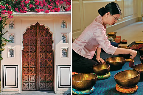 (L-R) An intricately carved doorway; finding stillness through the sound of singing bowls
