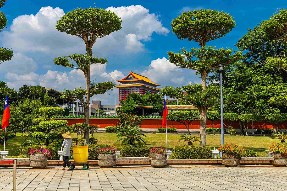 The Grand Hotel Taipei stands out with its ornate roofs, red columns and golden details