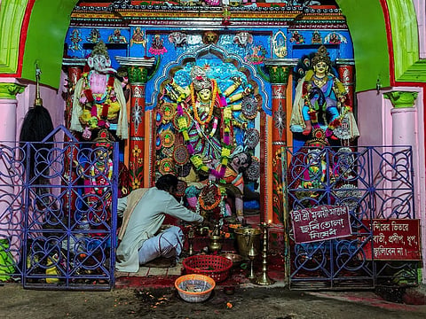 The principal idol of Maa Mrinmoyee remains inside the temple throughout the year, unlike Durga idols that are immersed after Dashami