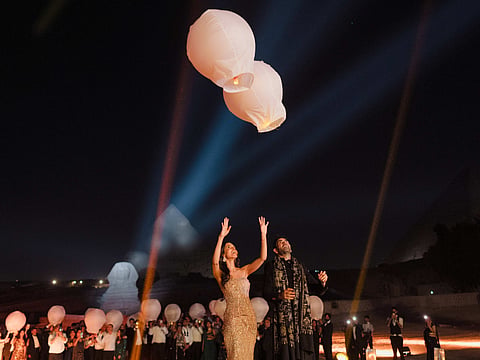 Lanterns rose into the night sky at the wedding reception of Vivek Nandha and Monica Nayyar