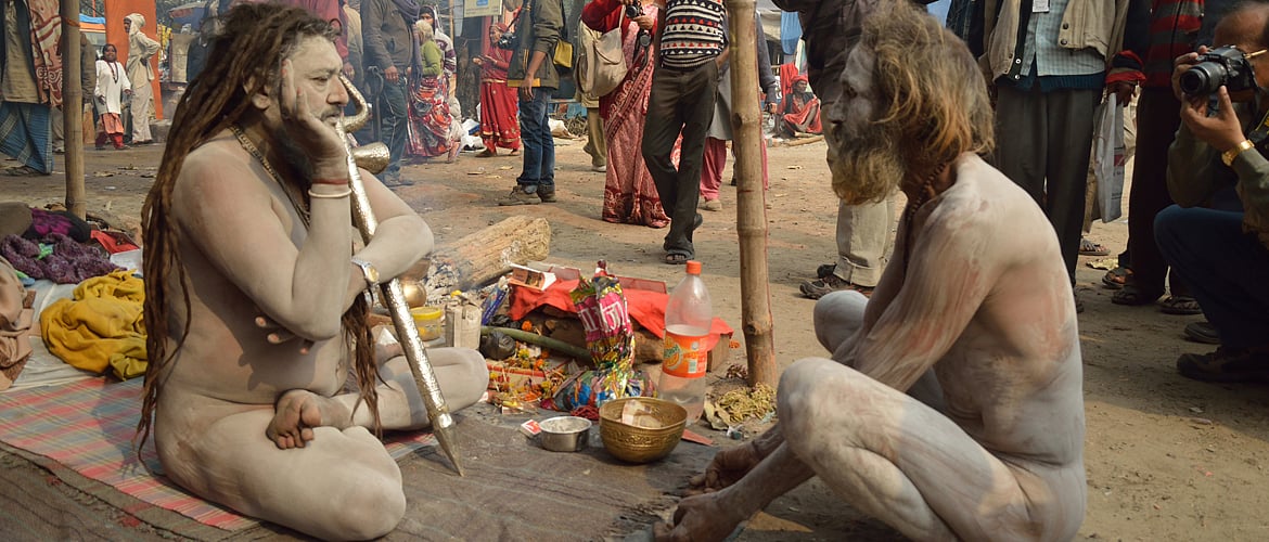 An eclectic collection of pilgrims gather at the Gangasagar fair