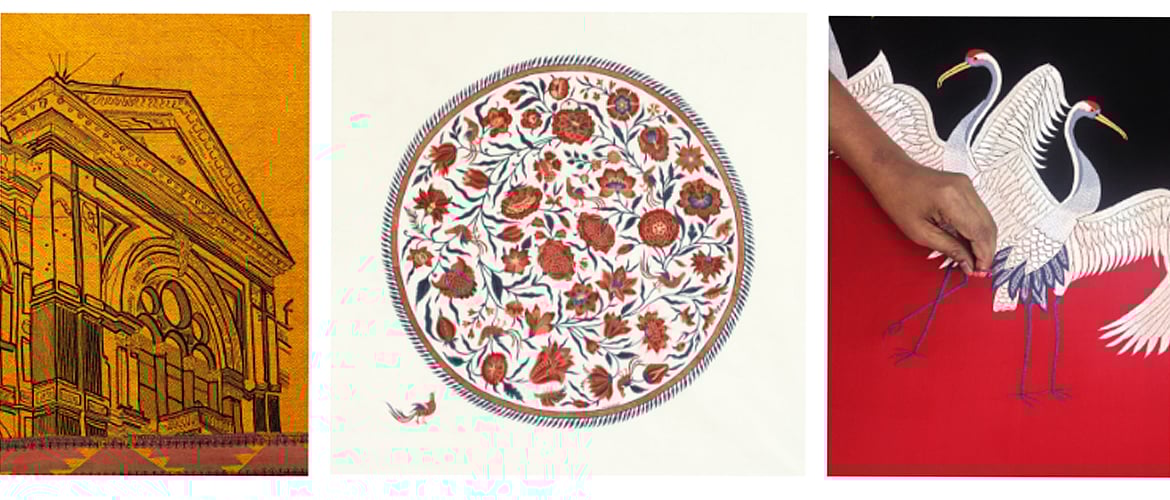 From left to right Detail of an art work on hand-embroidered Bagh textile, by New York based architect and artist Ghiora Aharoni, 2013 Chintzby Bangalore-based artist Renuka Reddy Hand painted, mordant and resist-dyed cotton. Madder, Indigo, Pomegranat