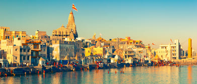 The Dwarkadhish Temple is located in the heart of Dwarka city and is a population location