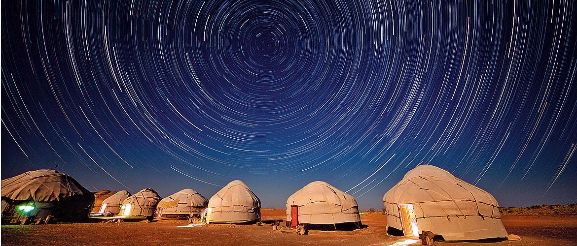 Yurts under the night sky in Kyzylkum 