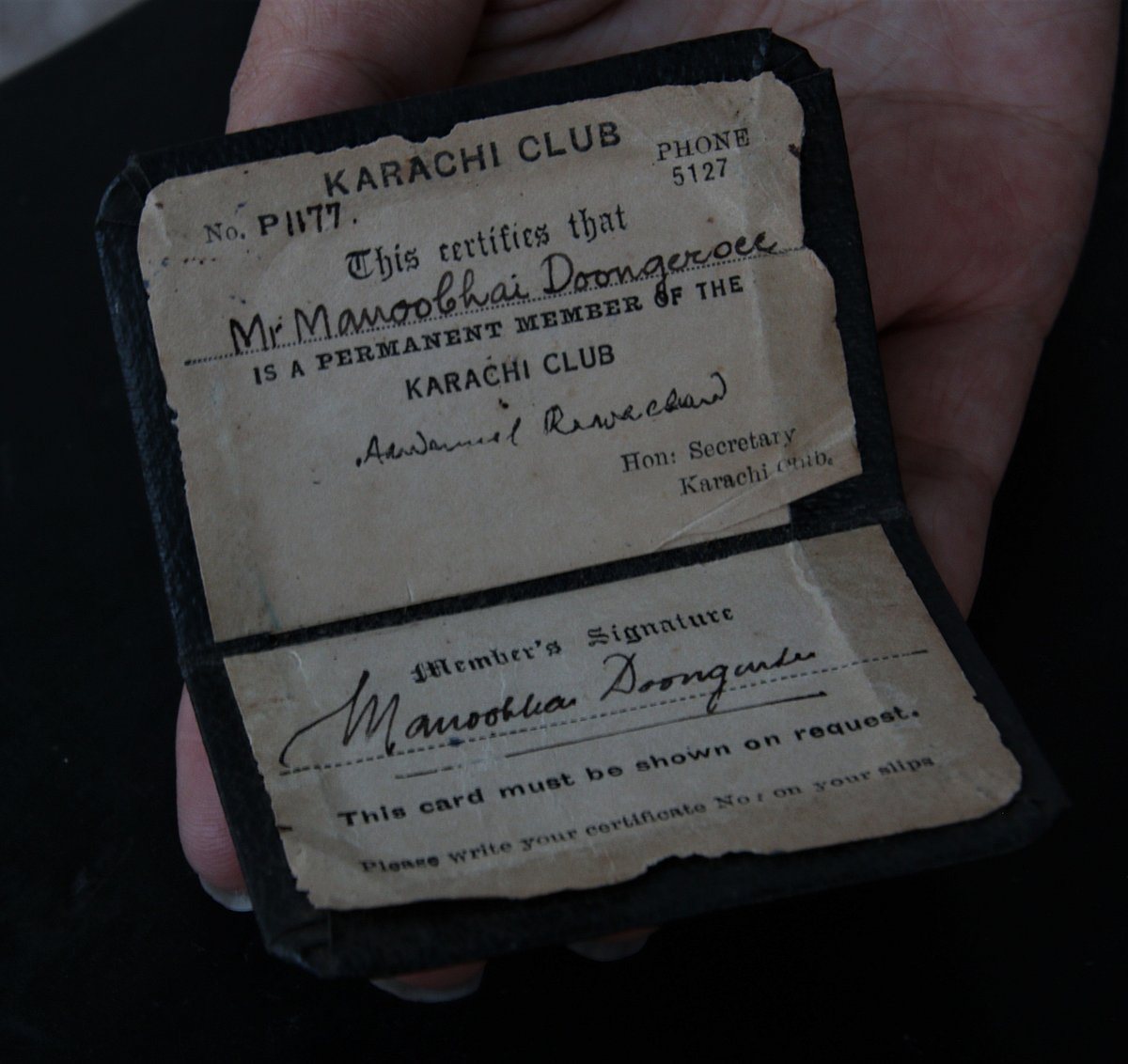 A Karachi Club membership card belonging to Mr. Manoobhai Doongursee, who left Karachi for India during the Partition. Image The Citizens Archive of India, Pushpa Bhatias collection. Reproduced with the permission of The Citizens Archive of India