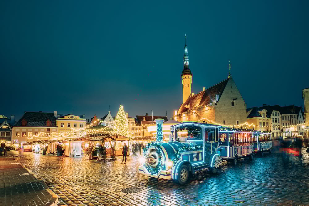 The pretty Christmas market in the Town Hall Square in Tallinn, Estonia