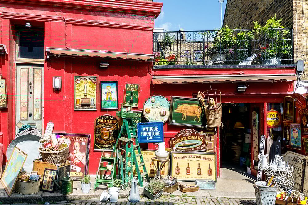 Antique shop at Portobello flea market in London