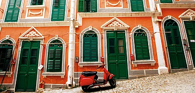 Colonial-style facades remind one of Macaos Portuguese heritage