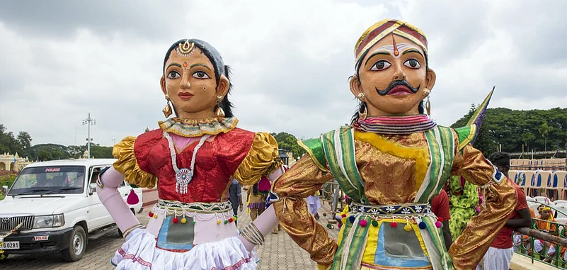 Life-size puppets at the spectacular Mysore Dasara procession in Karnataka