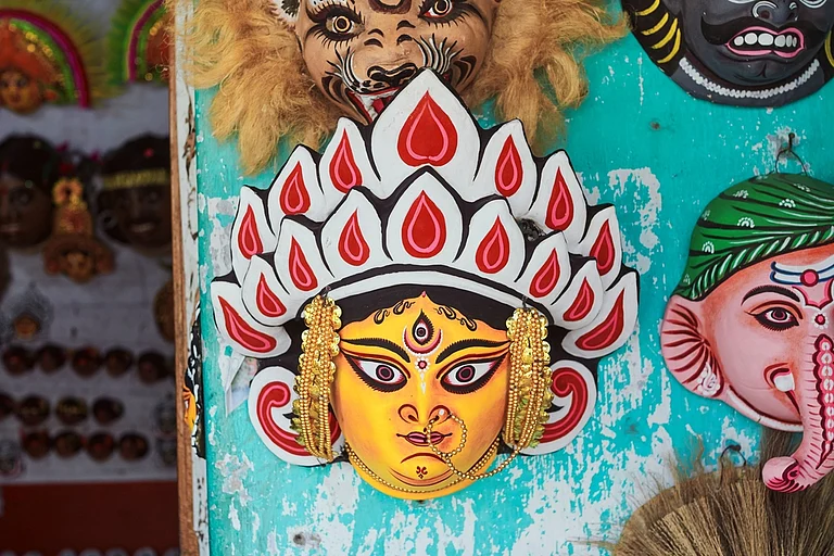 Handmade Chhau masks at a crafts shop in Charida village, Purulia - null