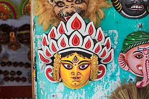 Handmade Chhau masks at a crafts shop in Charida village, Purulia