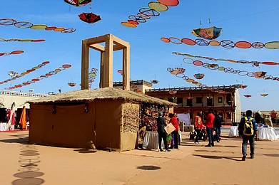 Depositphotos : A view of the colorful shopping area at the Tent City at Dhordo set up for the Rann Utsav Festival