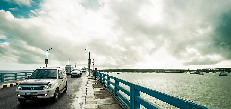 Driving down the Pamban Road Bridge that connects the subcontinent to Rameswaram island - null