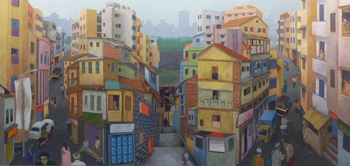 Sudhir Patwardhans interpretation of the old town area of Mumbai.