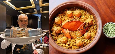 Chef Dharshan Munidasa with fresh crab The famous Mud Crab Biryani