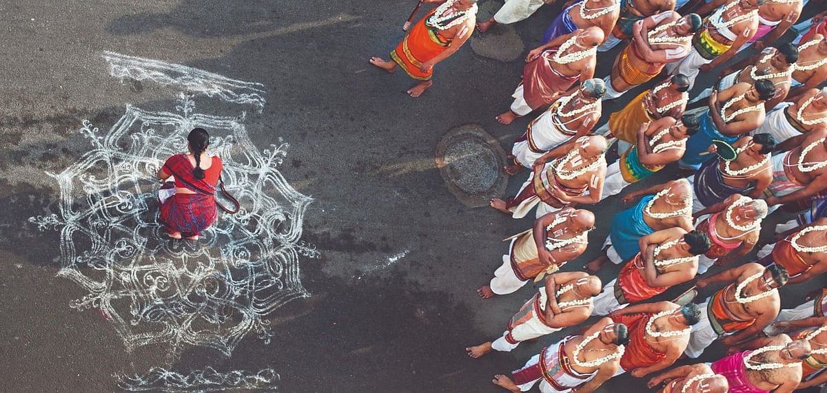 The kolam is a scientific and harmonious floor matrix of dots, lines and curves