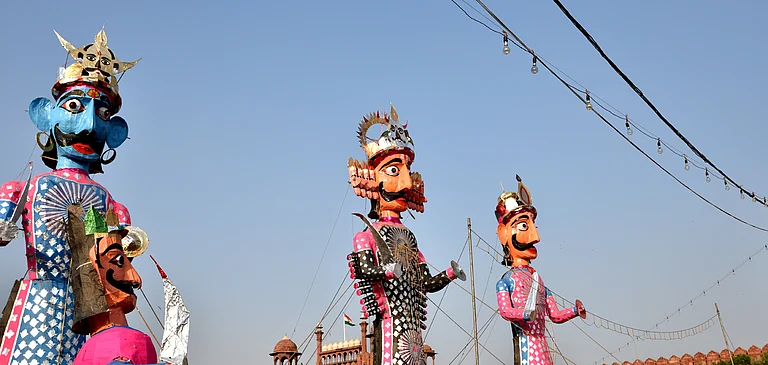 At a Ramlila in New Delhi, where effigies in place - null