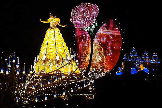 A light float at the Paint the Night parade in Hong Kong Disneyland. The show runs from October to December.