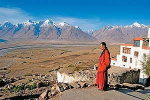 A monk overlooking the valley in Zanskar