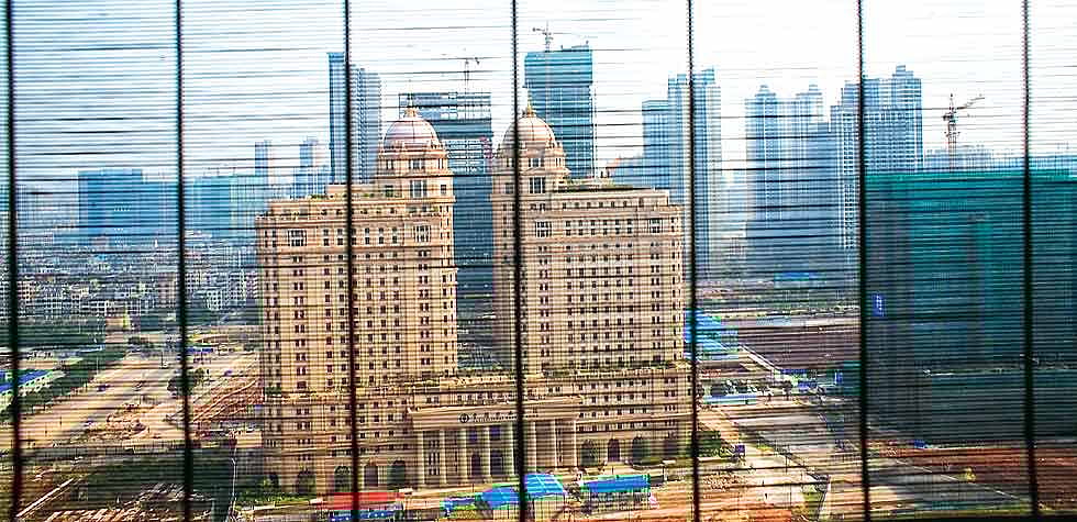 The imposing facade of the Agricultural Bank of China in Guangzhou, China