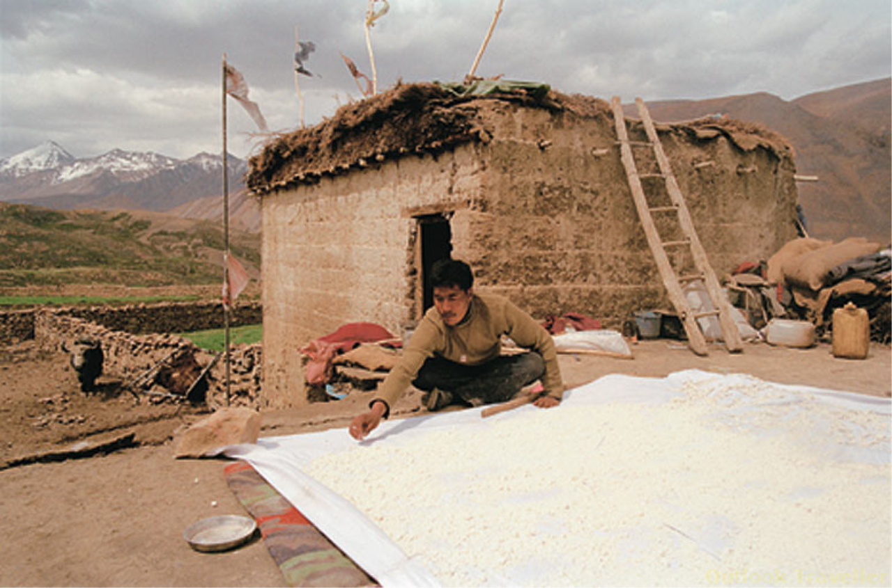 A man tends to his harvest at his home in a village in Spiti