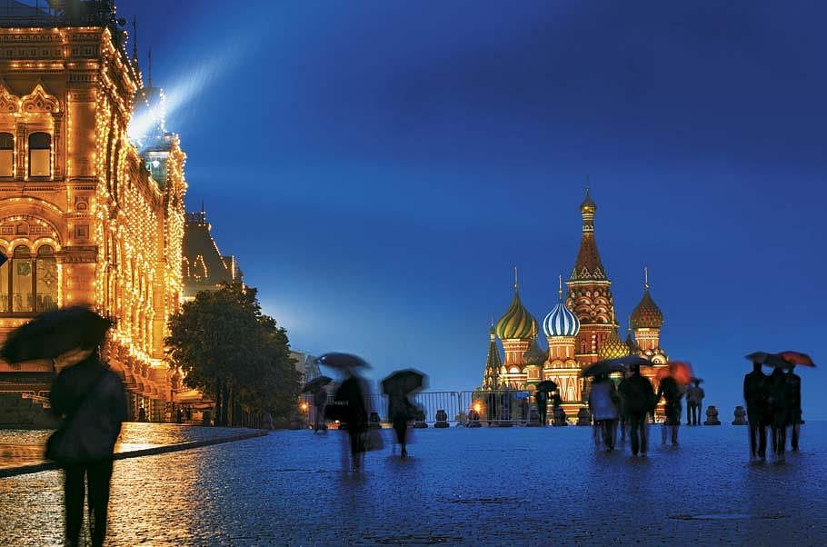 St Basils Cathedral and the Red Square on a rainy evening