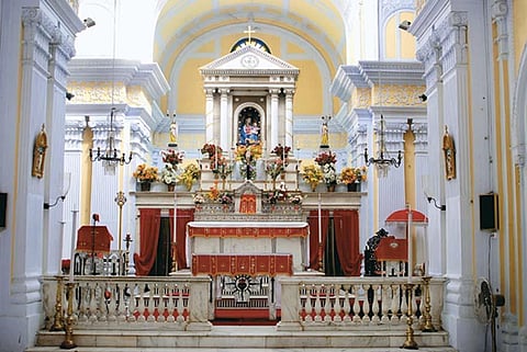 The bright and colourful altar at the Sardhana Church