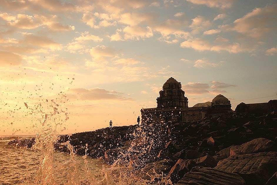 The sea lashes against the shore temple in Tranquebar