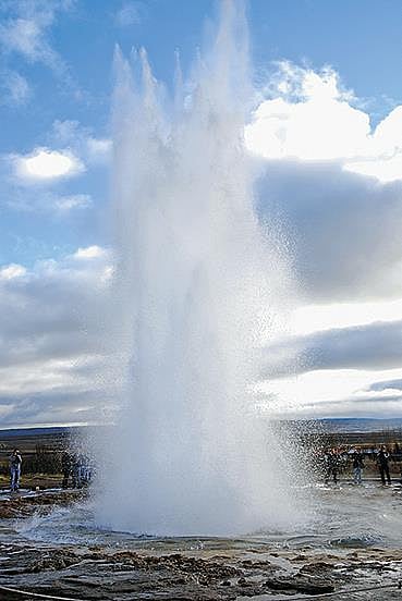 Strokkur is a fountain-type geyser located in a geothermal area beside the Hvítá River in Iceland in the southwest part of the country, east of Reykjavík. It typically erupts every 6–10 minutes