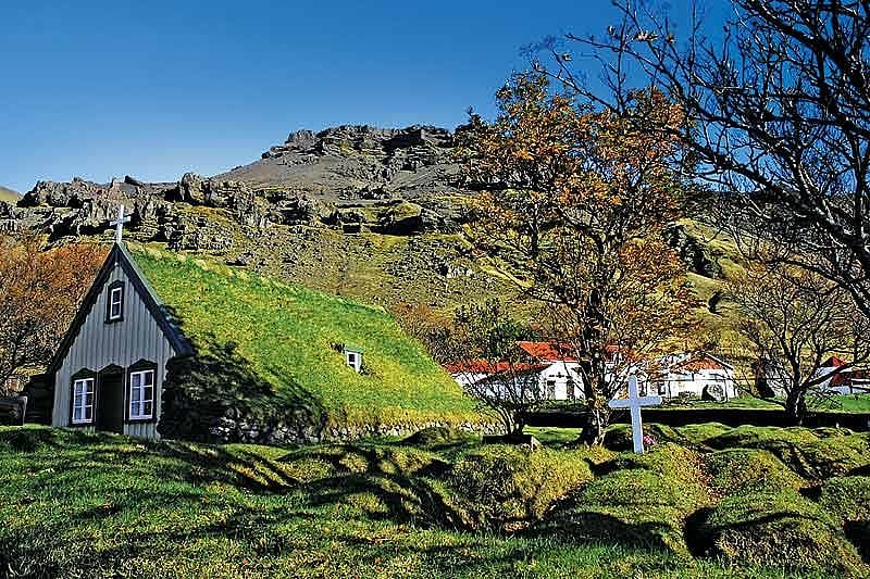 Icelandic homes rare often made of corrugated iron. Iceland was a poor country and embraced this material usually reserved for roofs. These houses needs to be painted regularly to stop them from rusting.