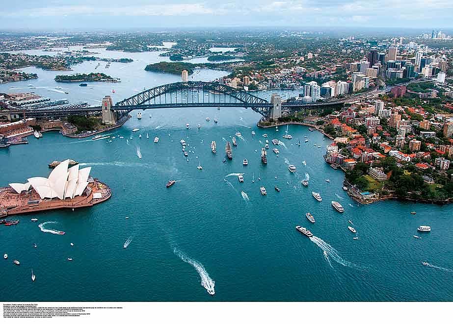 A panoramic view of the Sydney harbour and the Opera House