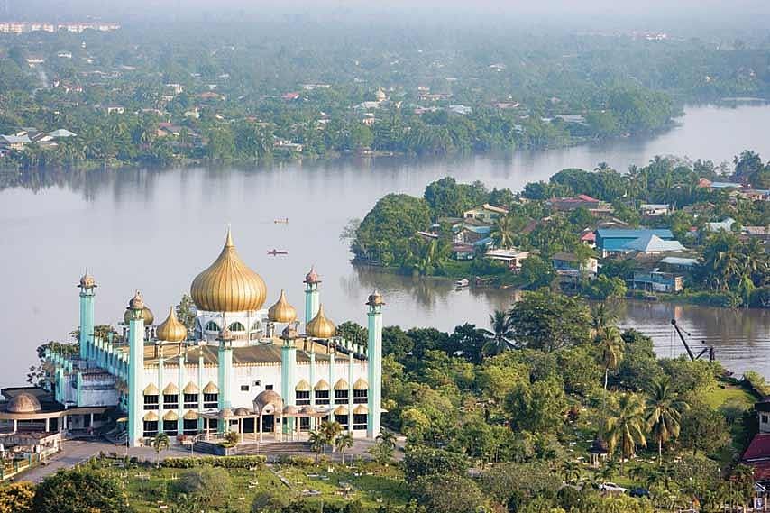A view of the Masjid Bahagian and the city of Kuching beyond - null