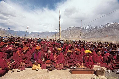 Monks gathered to hear Drukchen Rinpoche, the head lama of Hemis, speak at the Photang, on the outskirts of Padum