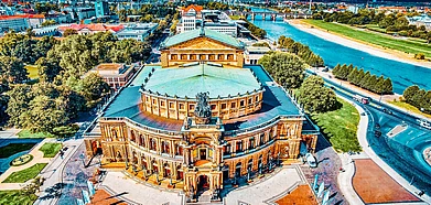 An aerial shot of Semperoper Opera House in Saxony, Germany