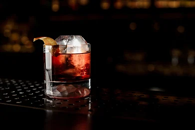 Glass of a Boulevardier cocktail