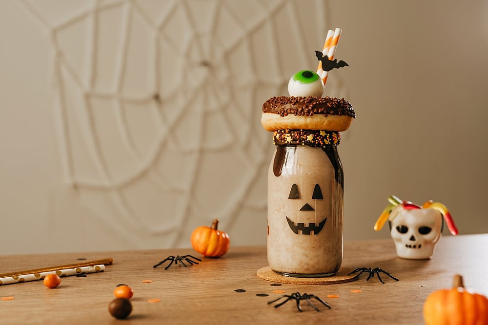 Freak Monster shake decorated with chocolate donut and marmelade eye. Credit Shutterstock