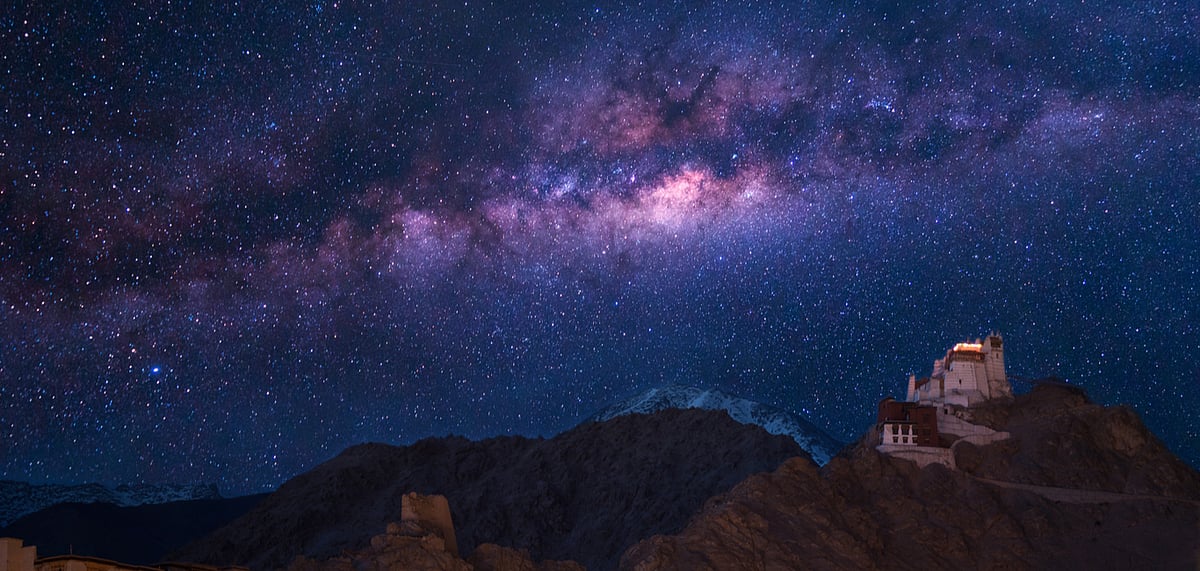 Night sky over Namgyal Tsemo Gompa in Leh