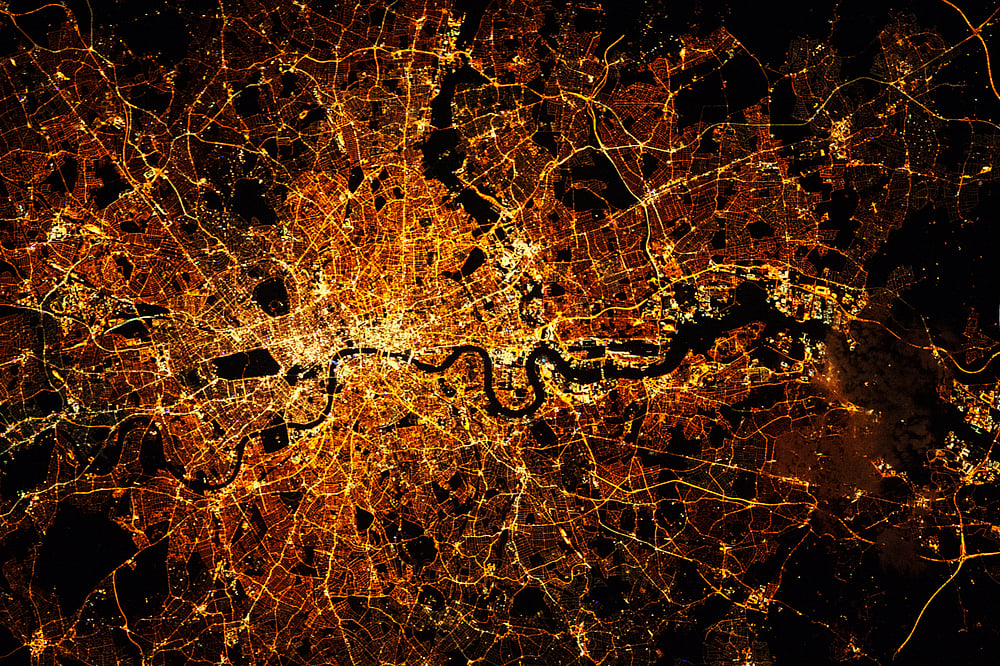 A city lights map at night (satellite view) of London