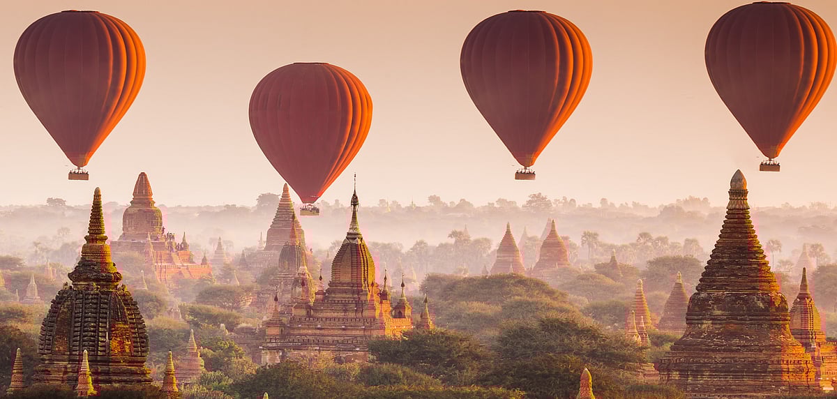 Hot air balloon over Bagan at sunrise, Myanmar