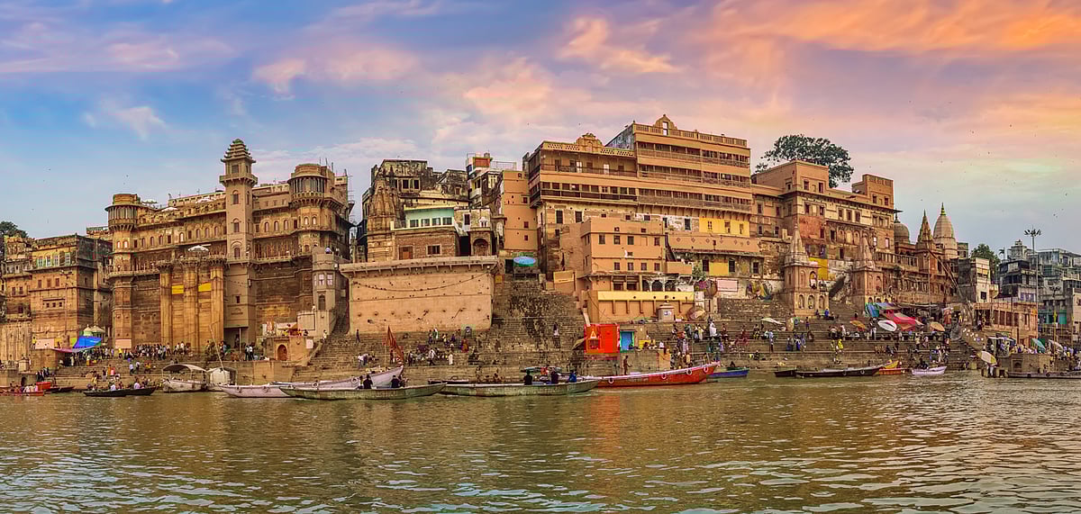 A panoramic view of Dashashvamedha Ghat in Varanasi