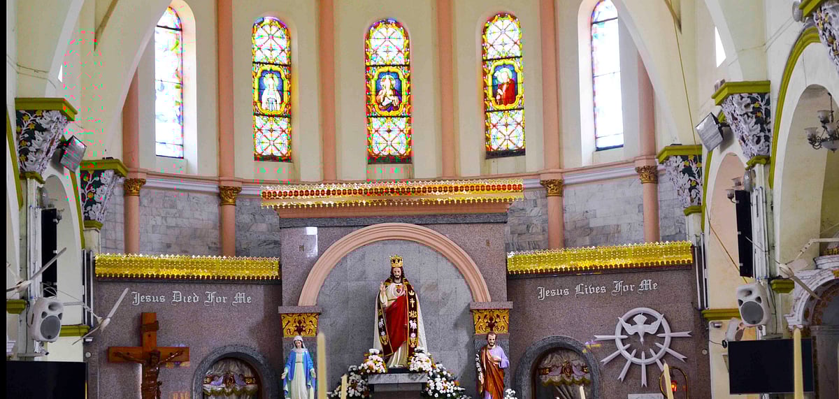 The interiors of St Patricks Church adorned with stained glass windows