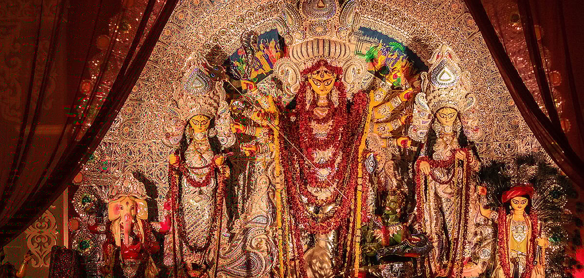 The Goddess Durga idols are decorated beautifully at the pandals in Chittaranjan Park.