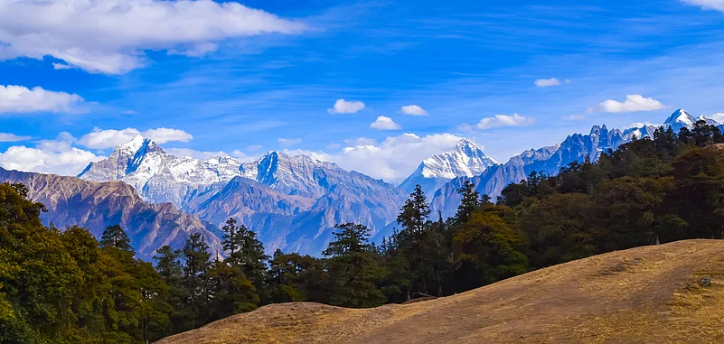 Mesmerising view of Nanda devi from Kuari pass hiking trail near Auli, Uttrakhand