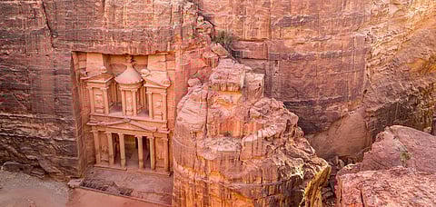 An aerial view of Al Khazneh in Petra, Jordan
