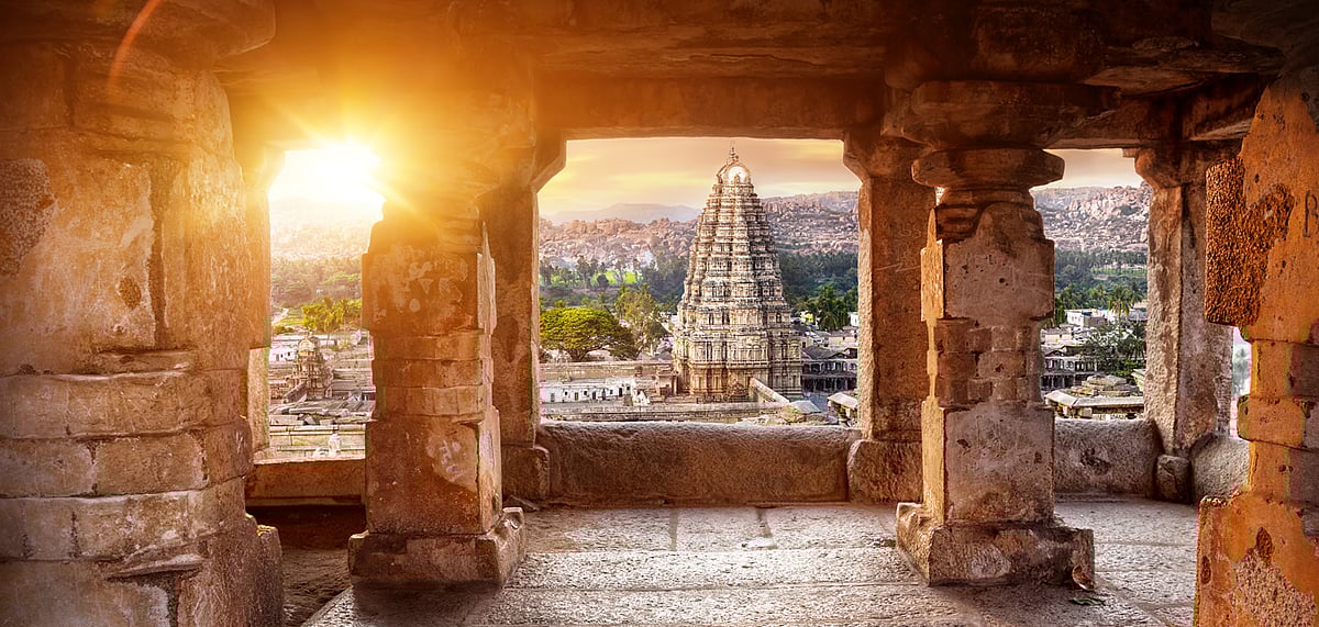Virupaksha temple view from the Hemakuta hill at sunset in Hampi, Karnataka