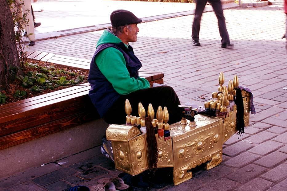 For Ottoman grandeur, one need not look beyond shoe-shiners boxes, chic as the Taj on a full moon night compared to proletariat boxes. For a mere two euros, you can employ this dapper care-taking gentleman in newsboy cap to restore your travel-worn footw