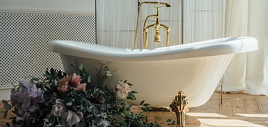 Some of the most luxurious baths feature the ultimate in design with deep soaking tubs, heated floors, and gold embellishments