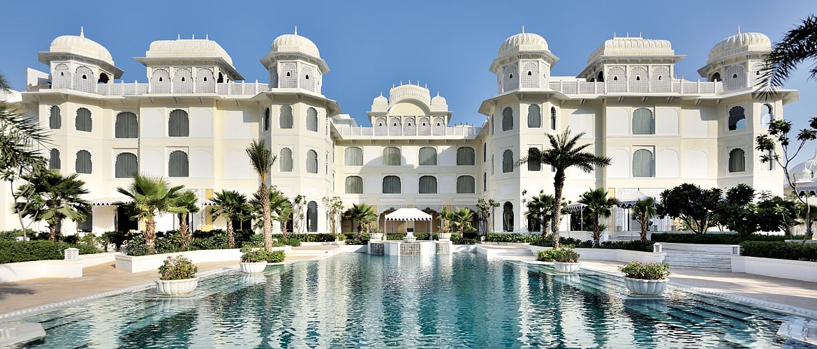 The view of JW Marriott Jaipur Resort & Spa from the swimming pool