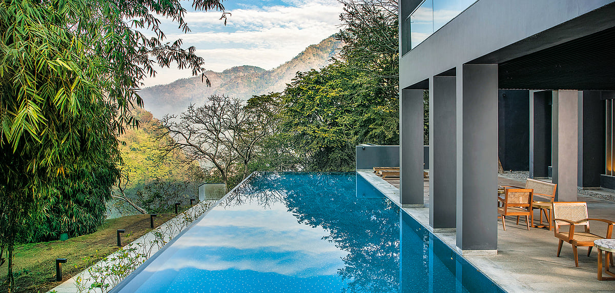 The infinity pool at the Roseate Ganges