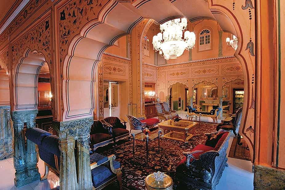 The extravagant interiors of the Durbar Suite or the Museum Suite at the Raj Palace Hotel, Jaipur
